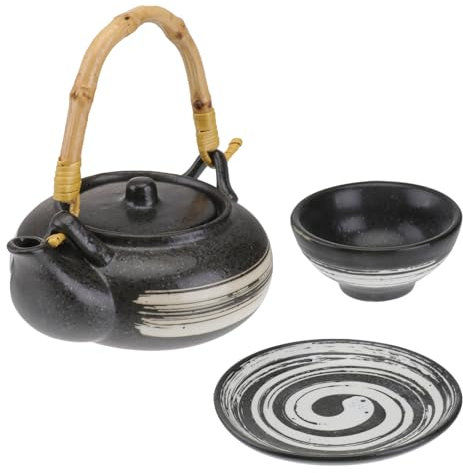 BESTYASH 1Juego Tetera Retro de Cerámica con Asa para Incluye Tetera Plato y Taza Herramienta de Servicio para Hogar Diseño Elegante y de Limpiar