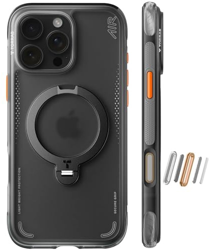 TORRAS Ostand Q3 Air für iPhone 16 Pro Hülle, Schwarz | mit echten Airbags Doppelter Schutz (360° Magnetischer Robust Ständer) Matt Handyhülle mit Kamerasteuerung Taste