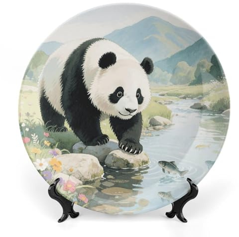 GHENBLT Bone China Decorative Plates for Display 6inch Ceramic Panda Playful Fish Dinner Plate with Display Stand Wall Hanging Large Porcelain Salad Plate for Wedding Bridal Tea Party Supplies