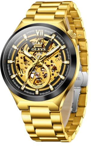 OLEVS Herrenuhr Automatisch Mechanische Business Diamant Luxuriöse Elegant Schwarz Gold Zifferblatt Edelstahl wasserdichte Leuchtende