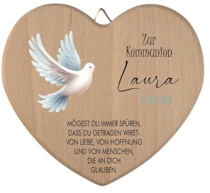 minimutz Geschenk Kommunion personalisiert, Herz aus Holz mit Name & Datum, Kommunionsgeschenk Kleinigkeit Mädchen Jungen (Taube)