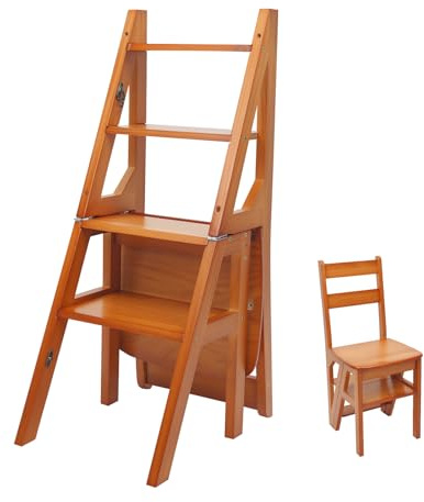 Escalera plegable de madera de pino, escalera de 4 peldaños, escalera plegable 2 en 1 y silla, 35 x 46 x 90 cm, con cierre de seguridad, para cocina, hogar, bibliotecas (color madera)