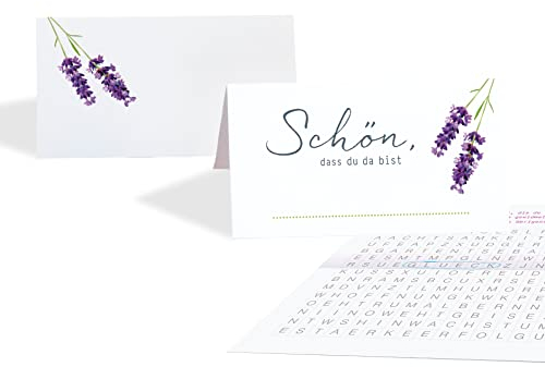 15 Platzkarten Tischkarten Hochzeit LAVENDEL WEISS mit Spiel innenseitig, Tischkärtchen zum beschriften, Namenskarten, lila, Jubiläum Geburtstag Familienfest