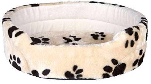 TRIXIE Hundebett Joey 65 × 55 cm in beige - flauschiger Hundeschlafplatz mit niedlichem Pfotenmotiv - Hundekorb für mittelgroße Hunde - rutschfest - 37004