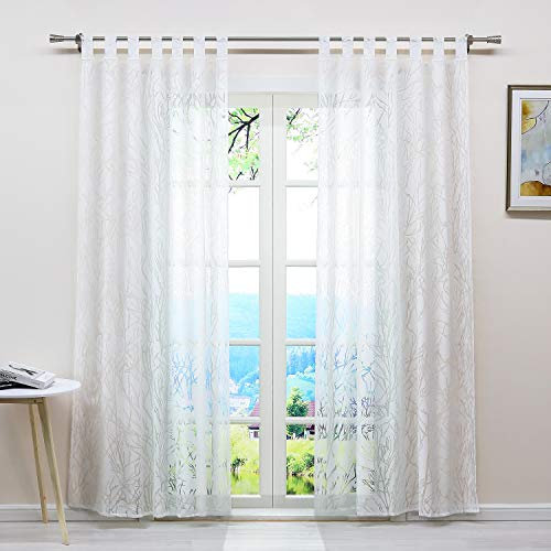 ESLIR Gardinen mit Schlaufen Vorhänge Ausbrenner Weiß Fensterschal Transparent Schlaufenschal mit Zweige Muster BxH BxH 140x225cm 1 Stück