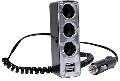 Streetwize – In Car 12V Triple Socket, USB Car Charging, 2metre Coiled Lead – Max Current: 5 Amp Fuse – Portable In Car Charger (SWPS9)