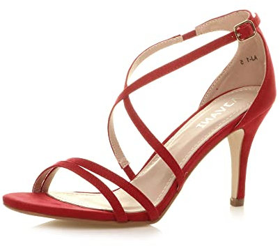 Ajvani Womens Ladies mid high Heel Strappy Crossover Wedding Sandals Shoes Size 3 36, Red Suede, 3 UK