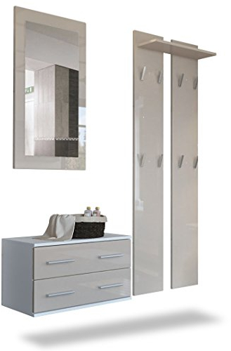 Vladon Garderobenset Garderobe Kioto, Made in Germany, Korpus in Weiß matt/Front in Sandgrau Hochglanz
