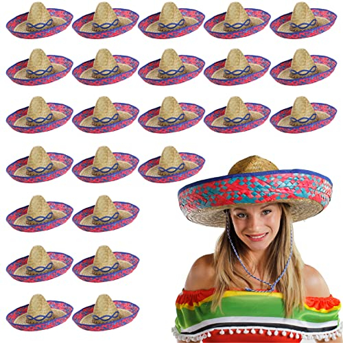 I LOVE FANCY DRESS SOMBREROS MEXICANOS DE PAJA CON PADRON AZUL OSCURO Y ROSA PARA ADULTOS PERFECTO PARA FIESTAS TEMATICAS (24 UNIDADES)