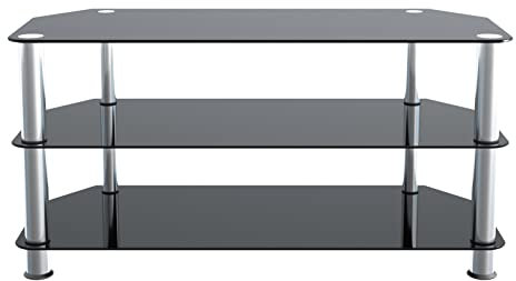 AVF Glass Corner TV Stand - 100cm Wide - Glass And Silver Chrome Metal Legs TV Floor Stand Unit - Gloss Black Safety Glass Shelves - Open Storage - Ideal For Corners - SDC1000 (Up to 50 TVs)