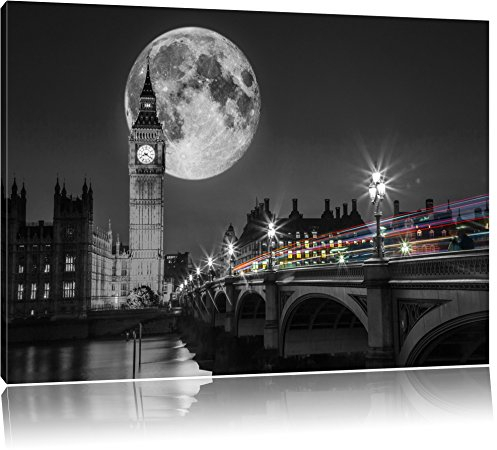 Pixxprint Big Ben vor dem Mond in London B&W, Größe: 120x80cm, Leinwandbild, fertig gespannt, Wandbild, Dekoration, Kunstdruck, kein Poster
