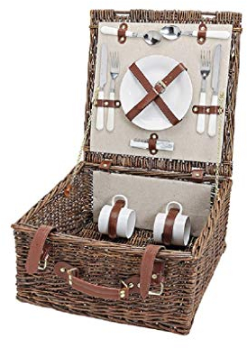 Picknick-Korb in Beige, Braun & Weiß | Picknick-Set für 2 Personen | Trage-Korb inklusive Messern, Gabeln, Tellern und weiterem Besteck | Praktischer Weidenkorb für Essen, Getränke & Picknick-Decke