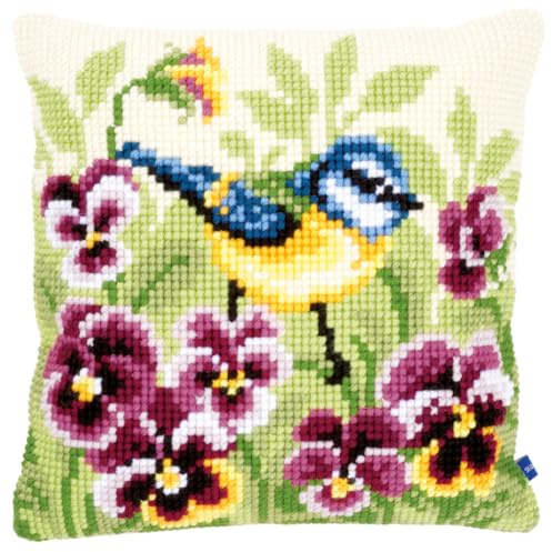 Vervaco Blue Tit on Pansies Cross Stitch Cushion, Multi-Colour