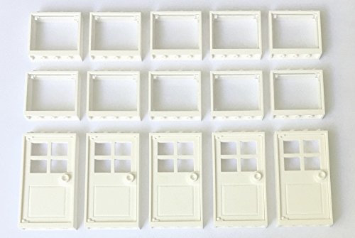 LEGO 15 Fenster- und Türbündel, 10 x 1 x 4 x 3 Fenster mit Glas und 5 x 1 x 4 x 6 Türen, Weiß