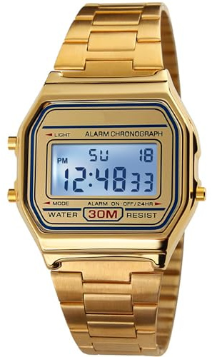 PASOY Men's Digital Gold Stainless Steel Watch Backlit Multifunction Stopwatch Waterproof Sport Watches Reloj (Gold)