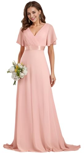Ever-Pretty Robe De Soirée Style Long Manches Volantées Col en V Jupe Trapèze Robe Femme Chic Et Elegant Rose 38