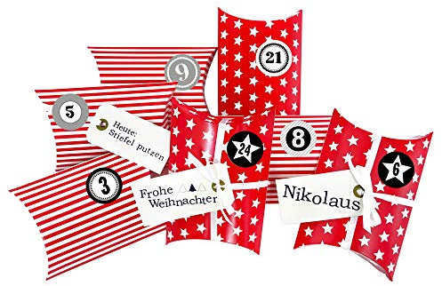 Frau WUNDERVoll® DIY ADVENTSKALENDER CHRISTKIND zum Befüllen, rot Sterne und Streifen, Ziffern grau, Kissenschachteln 15x11x4,5cm / Weihnachten, Papiertüten, Kinder, Geschenkbeutel, Aufkleber
