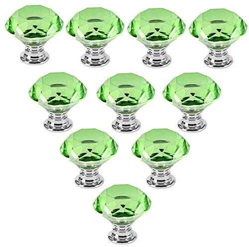 10 PCS Green 40MM Flat Round Crystal Glass Cabinet Door Knobs Cupboard Drawer Cabinet Furniture Kitchen Wardrobe Dresser Diamond Cut Pull Handle