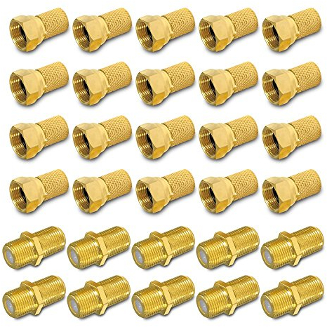ARLI 20x F-Stecker 7 – 7,4 mm + 10x F-Verbinder vergoldet – Stecker Verbinder Set für Koaxialkabel Sat TV Antenne mit breiter Mutter & Dichtring