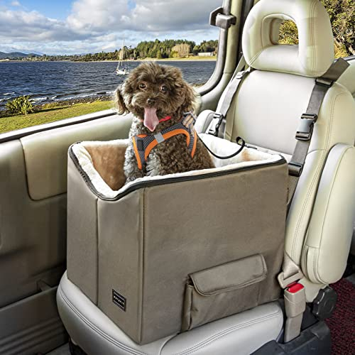 Petsfit Hunde Autositz für kleine Hunde, Hundesitz Auto für Rückbank abnehmbare mit waschbare doppelseitige Matte, Autositz Hund Hundekorb Auto mit Anschnallgurte und Aufbewahrungstasche,S,Braun