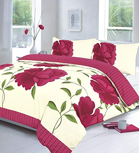 Voice7 Sophisticated Rosaleen Fuchsia Duvet Sets - Quilt Cover Plus One Matching Pillow Case - Poly Cotton Flower Bedding Set (Fuchsia Single Duvet Set)