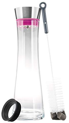 bremermann Glaskaraffe Svea 1,2 Liter mit praktischem Edelstahlausgießer, matt, Silikonringfarbe (Magenta)