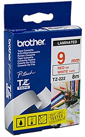 Brother Original P-touch Schriftband TZe-222 9 mm, rot auf weiß (kompatibel mit Brother P-touch H100LB/R, H105, E100/VP, D200/BW/VP, D210/VP)