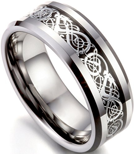 Flongo Herrenring Männer Ringe Bandring Daumen Ring Siegelring Wolfram Wolframcarbid Silber Schwarz Irish Celtic Knot Irischen Keltisch Knoten Drachen Herren-Accessoires, Größe 49