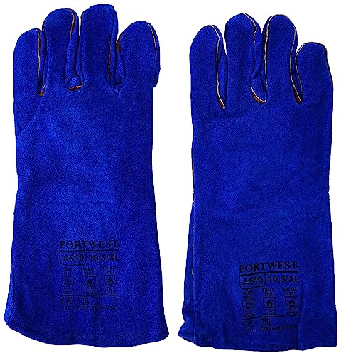 Portwest A510 Welders 210 Split Leather Blue Gauntlet Cut Resistant | Blue, X Large, EN 12477, EN 388, EN 407, EN ISO 21420, Soft and Comfortable Cotton, Fully Lined, Durable, Welding