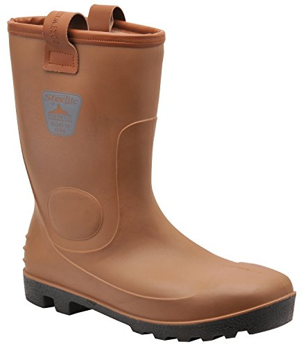 Portwest FW75 Steel PVC Rigger Boot Lightweight Reinforced Ankle Protection | Tan, 10.5, S5 EN ISO 20345, EN 13832-3, Cold Insulation, Faux Fur Lined, 100% Waterproof, Anti-Static Footwear, Button Front