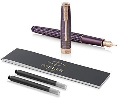 Parker Sonnet Fountain Pen | Chiselled Purple Matrix Rose with Gold Trim | Solid 18k Gold Fine Nib | Gift Box