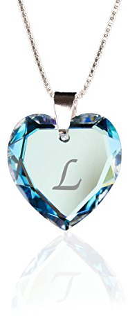 Individuelle Kinderkette 925 Silber erstellt mit Swarovski Elements Herzanhänger Farbe Blue AB und Gravur Buchstabe L als Geschenk oder zum Geburtstag