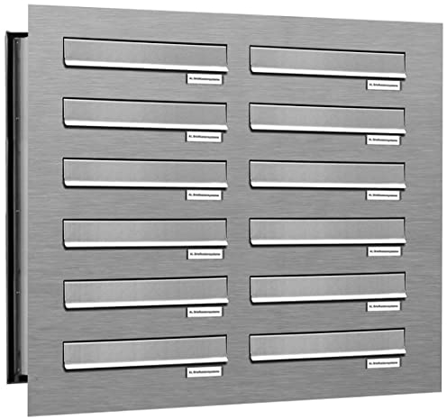 AL Briefkastensysteme 12er Briefkasten Mauerdurchwurf in V2A Edelstahl, 12 Fach DIN A4, wetterfeste Premium Briefkastenanlage Postkasten