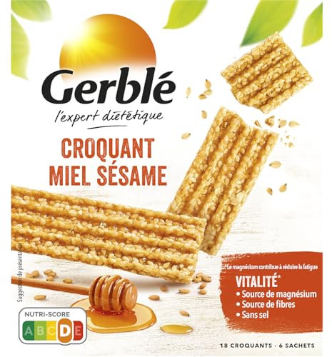 Gerblé Croquants Miel Sésame – Barres croustillantes aux graines de sésame et miel, source de magnésium, sans colorants, 6 pochons, 162g