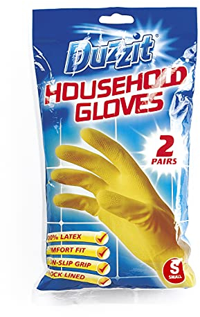 Duzzit Household Gloves 100% Latex Comfort Fit Lined Pack Of 2 Size Small, Yellow, Dzt1025A-48