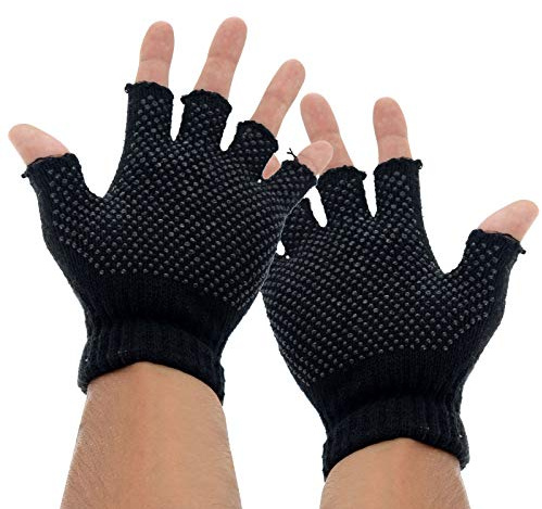 2 x Pairs Adults Black Fingerless Gripper Gloves - One Size, men or women