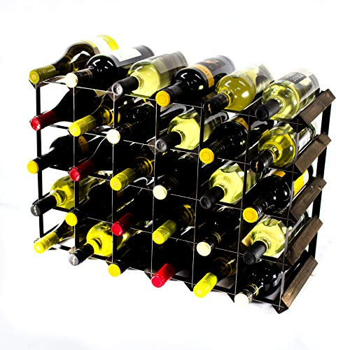 Classic 30 (6x4) Bottle Dark Oak Stained Wood and Black Metal Wine Rack | Ready Assembled