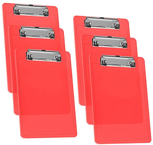 Acrimet Lot de 6 porte-blocs format A5 (23,5 cm x 16 cm) avec pince à profil bas (plastique) Rouge transparent
