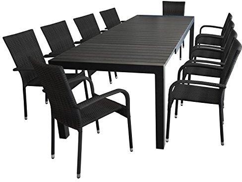 Wohaga 11tlg. Sitzgarnitur - Ausziehtisch 205/275x100cm, Tischplatte aus Polywood + 10x Stapelstuhl,Polyrattan - Schwarz/Sitzgruppe Gartenmöbel Set Terrassenmöbel Gartengarnitur
