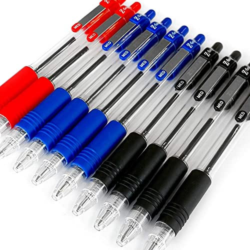 Z-Grip Retractable Ballpoint Pen - Pack of 10 - Black, Blue, and Red
