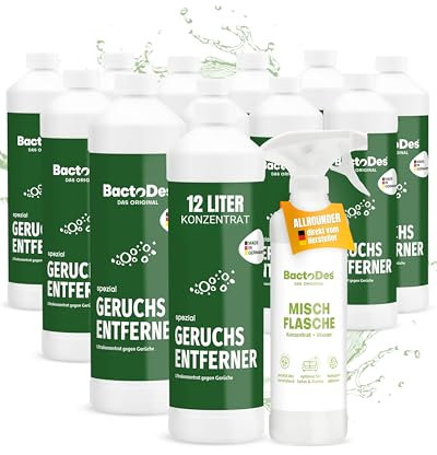 BactoDes - Spezial Geruchsneutralisierer 12L Konzentrat mit Spray-Mischflasche - Universal Enzymreiniger mit bio Mikroben-Wirkung - Effektiver Geruchsentferner für sämtliche unangenehme Gerüche
