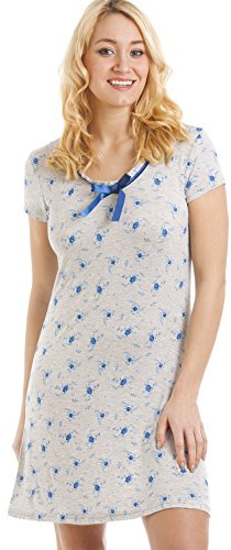 Camille Womens Short Sleeved Nightdress - Ladies Short Length Blue Floral Nightie - Comfortable & Breathable Summer Nightwear with Satin Bow Grey