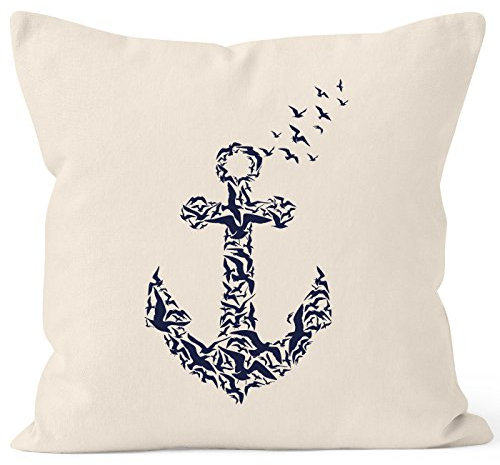 Autiga Zauberhafter Kissenbezug Vogel Anker Anchor Birds Kissen-Hülle Deko-Kissen 40x40 Baumwolle Natur 40cm x 40cm