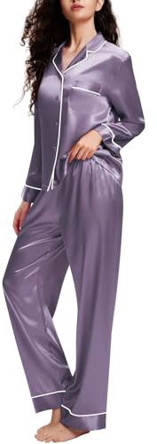 LONXU Silk Satin Womens Pajama Sets Button Down Sleepwear Loungewear XS~3XL