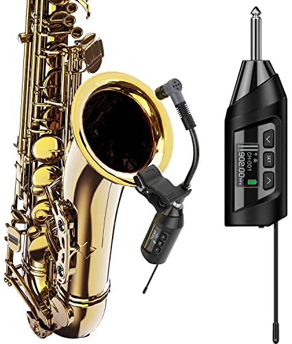 SGPRO Kabelloses Saxophon Mikrofonsystem, Mikrofon für Saxophon und Trompete, Voreingestellter EQ & Echo Level 196 Ft Übertragung Wiederaufladbarer Kompakter Sender und Empfänger