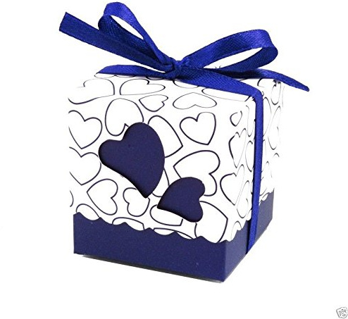 50pz Bomboniere Scatola CUORE Porta Confetti Segnaposto Regalo con il nastro raso (BLUETTE)