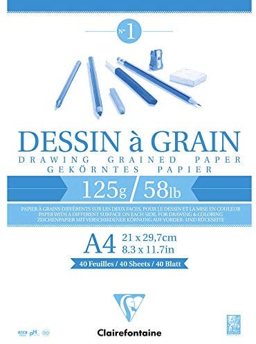 Clairefontaine 96684C - Skizzenblock geleimt, 40 Blatt Zeichenpapier, DIN A4 21x29,7 cm, 125g, mit Körnung, ideal für Trockentechniken, Weiß, 1 Stück