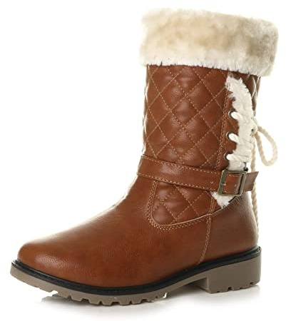 AJVANI Womens ladies flat low heel warm fleece faux fur lined snow winter mid calf boots size