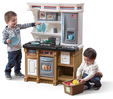 Step2 Lifestyle Custom Kids Kitchen Playset, Indoor/Outdoor Kitchenette, Interactive Play with Lights and Sounds, Made of Durable Plastic, 20 Piece Toy Accessories, Toddlers 2+ Years Old, Tan