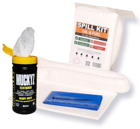 10 Litre Oil and Fuel Compact Spill Kit for Emergency Cleanup With Free Muckyz Wipes - Efficient Solution for Small Spillages in Workshops, Garages, and Vehicles